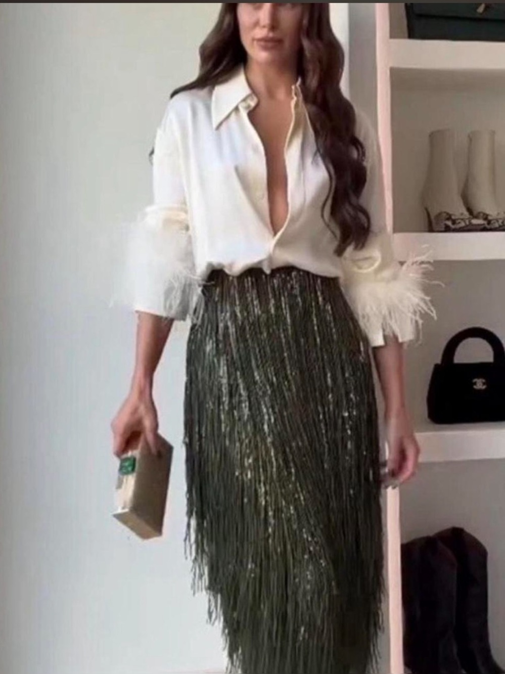 Zara Olive Green Sequin Fringe Midi Skirt